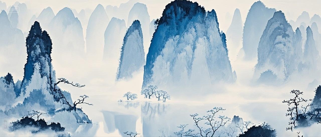 桂林山水古风国潮插画山水水墨晕染摄影特写背景图