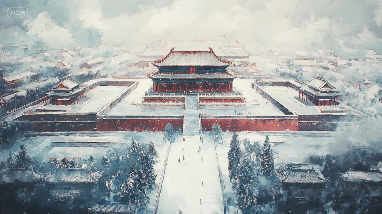 冬天冬季中国风古风宫殿建筑下雪意境唯美雪景插画