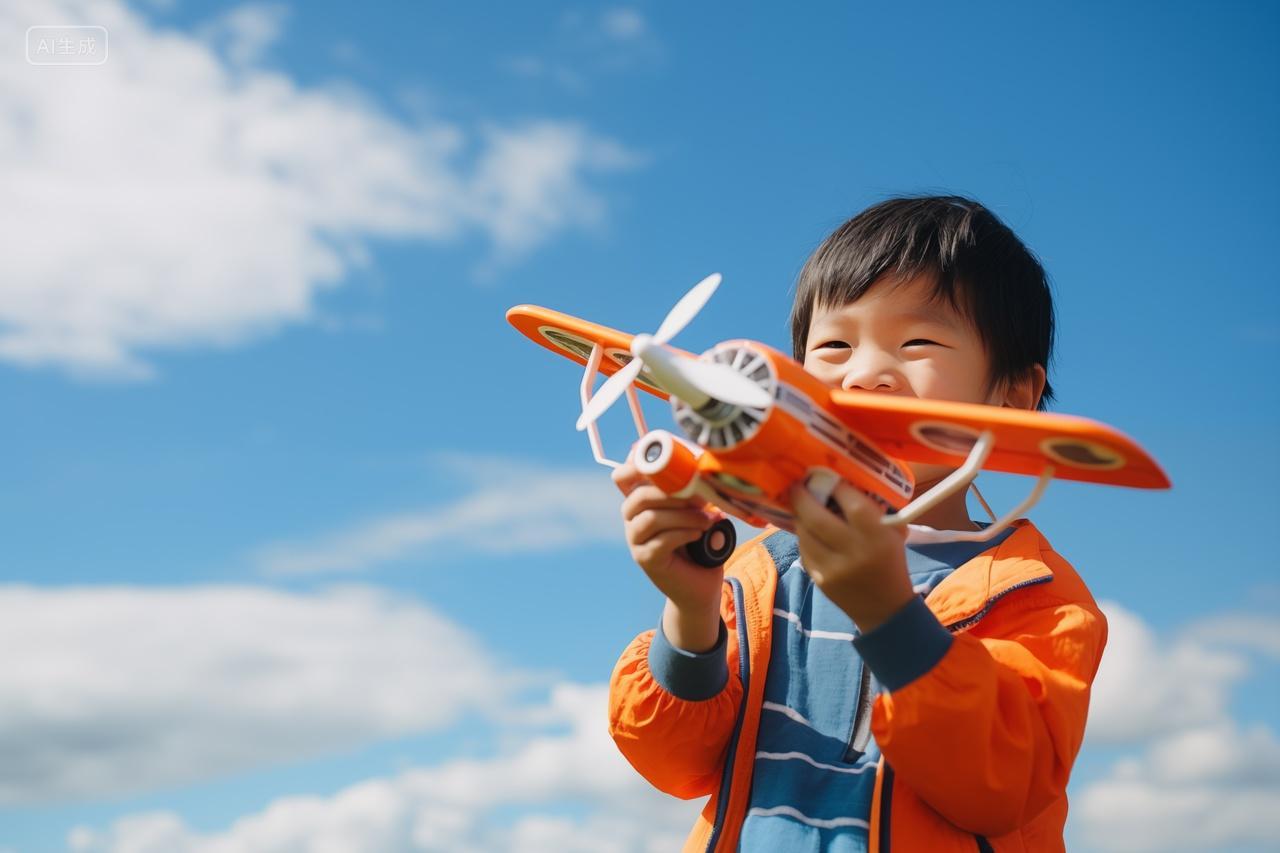 一个儿童男孩在蓝天下玩玩具飞机人物摄影