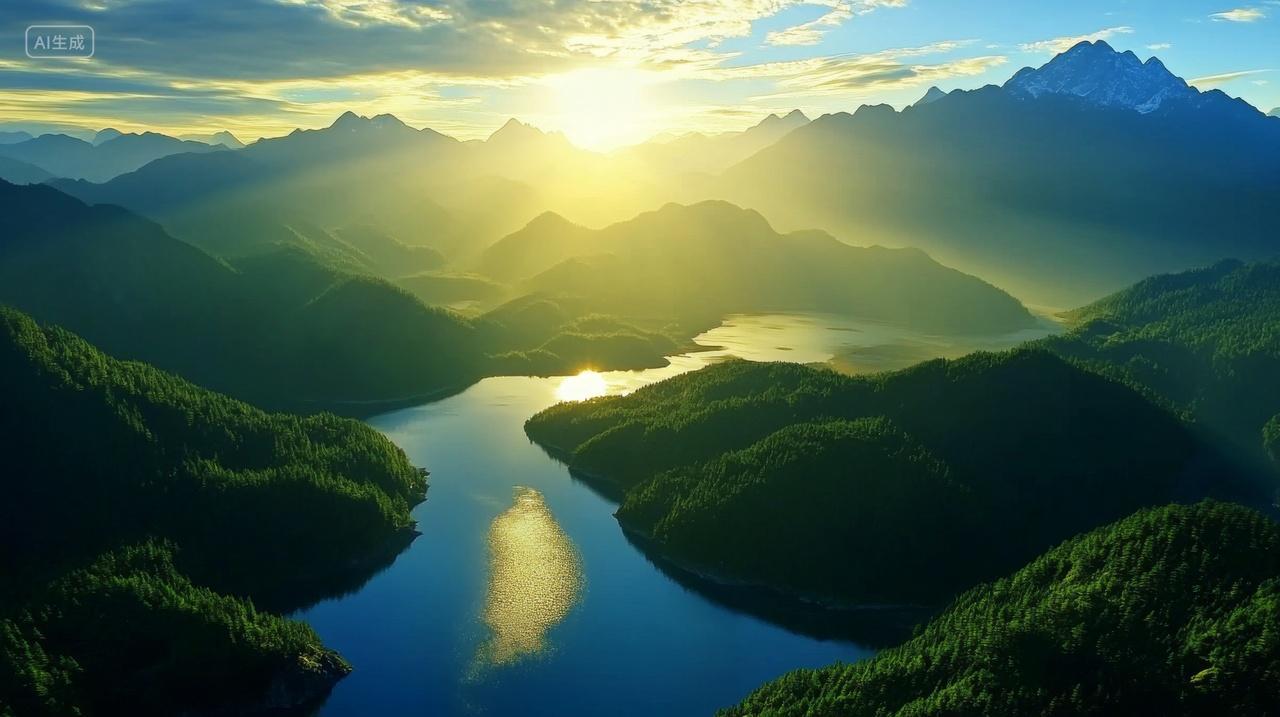 自然风光风景山河壮丽景观唯美绿色美丽湖泊河流太阳航拍电脑壁纸