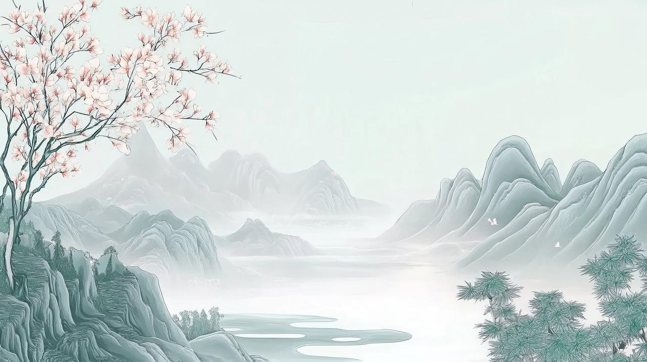 轻柔淡雅的山水意境水墨江南春景图山水画水墨风景画背景图
