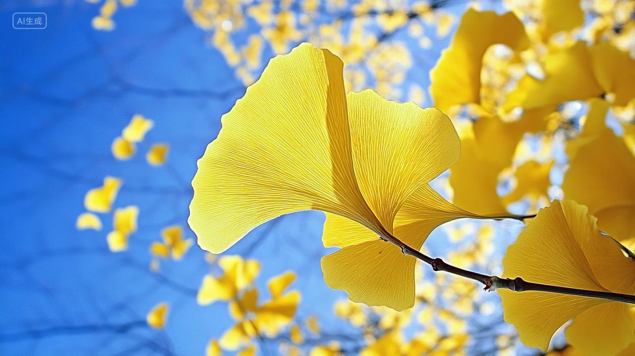 风景秋天公园里唯美金黄色秋天景观树叶植物特写背景