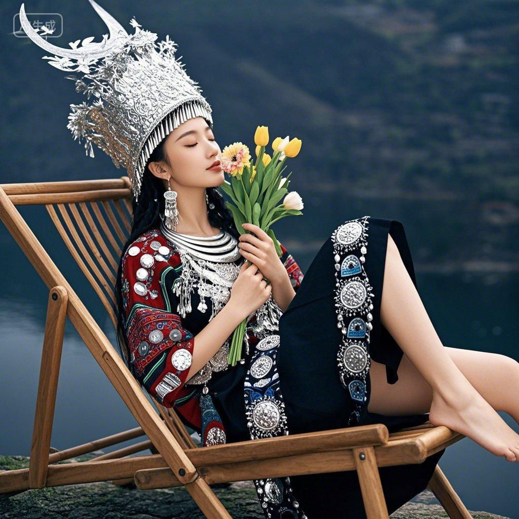 少数民族女孩人物拿着一束花闻花香