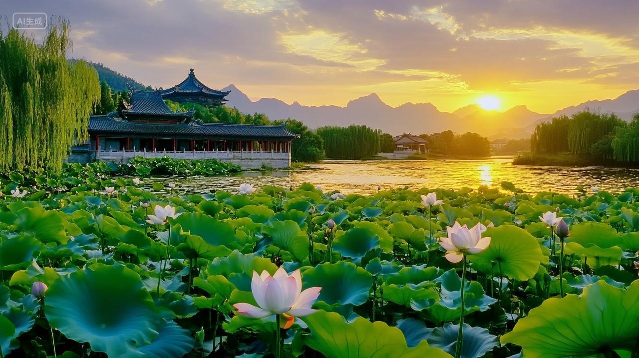 风景湖面上盛开着很多美丽的荷花凉亭日落景观