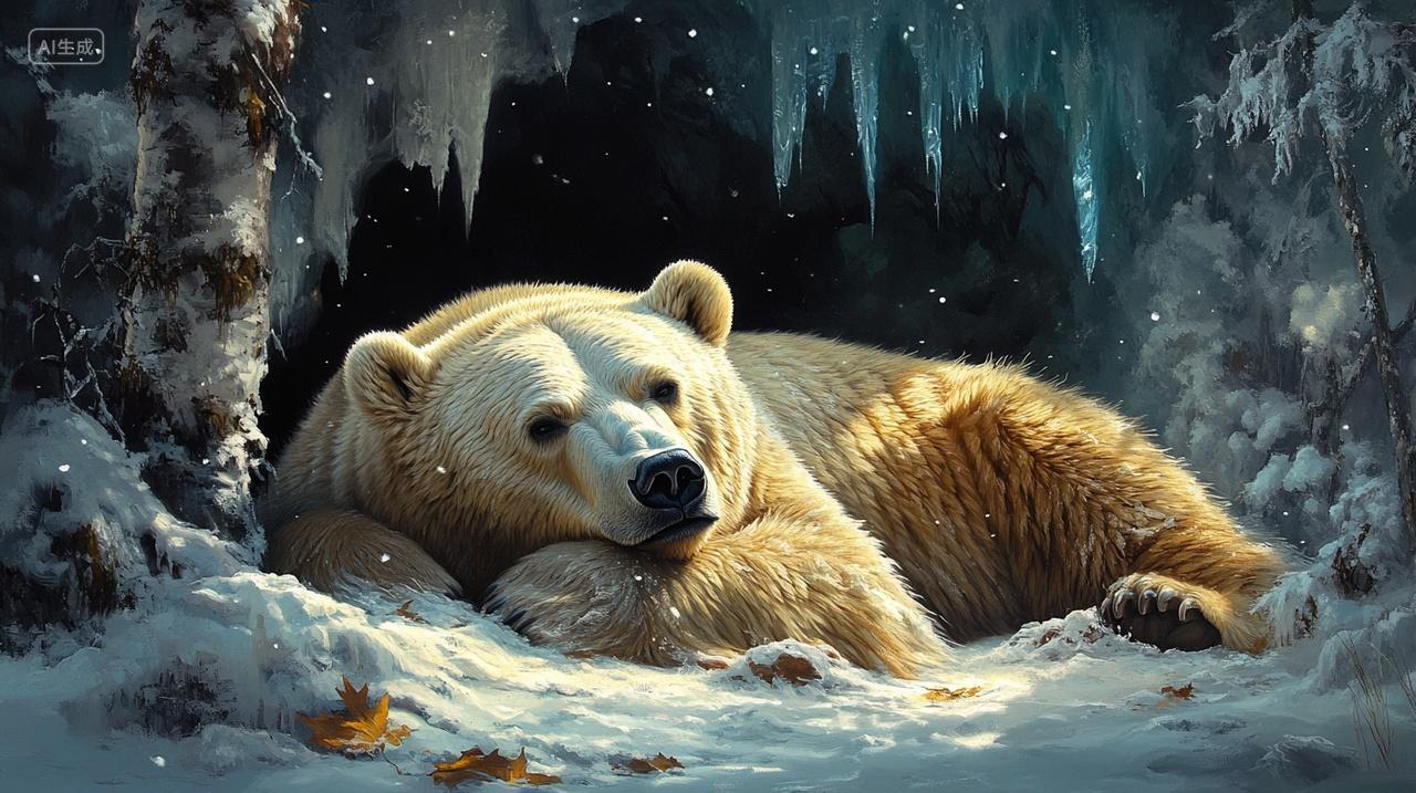 冬天在洞穴里冬眠的北极熊动物