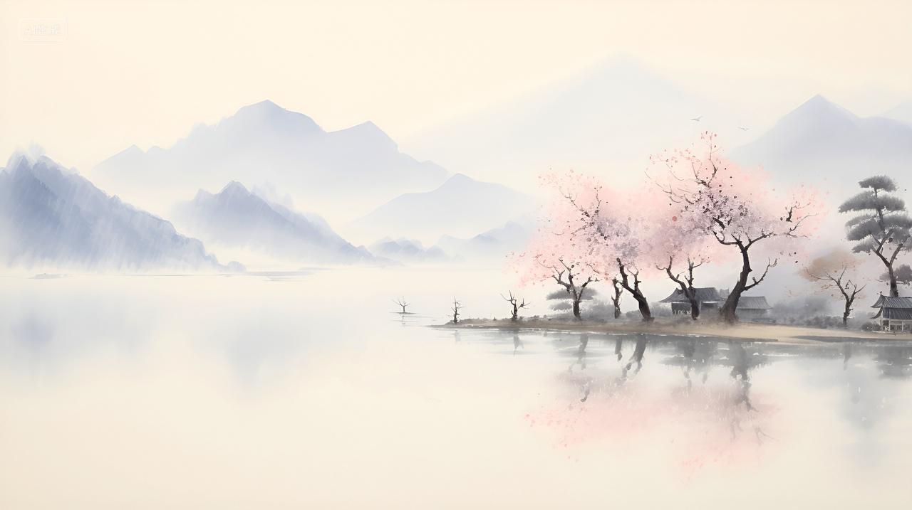 自然中国风水墨山水插画山水桃花诗意的中国风水墨山水桃花插画