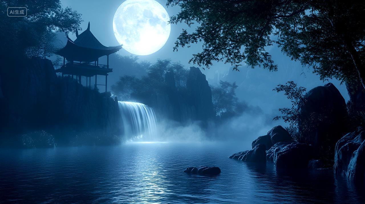 典雅的古风山水画月映典雅古风山水