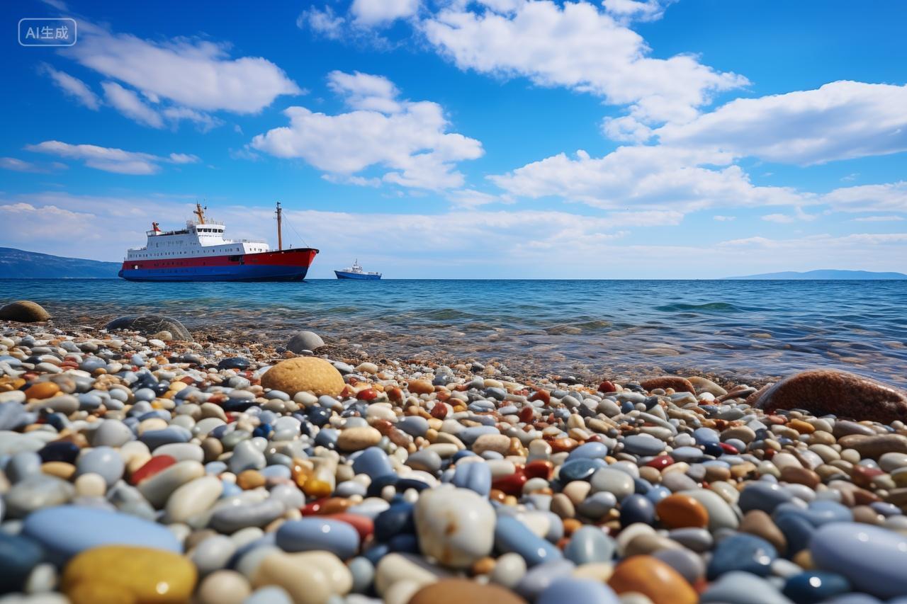 自然蓝天白云海滩上的彩色鹅卵石游船壁纸