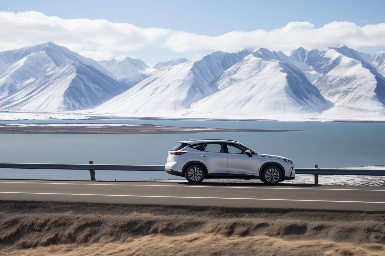 自然户外雪山公路上的银色SUV