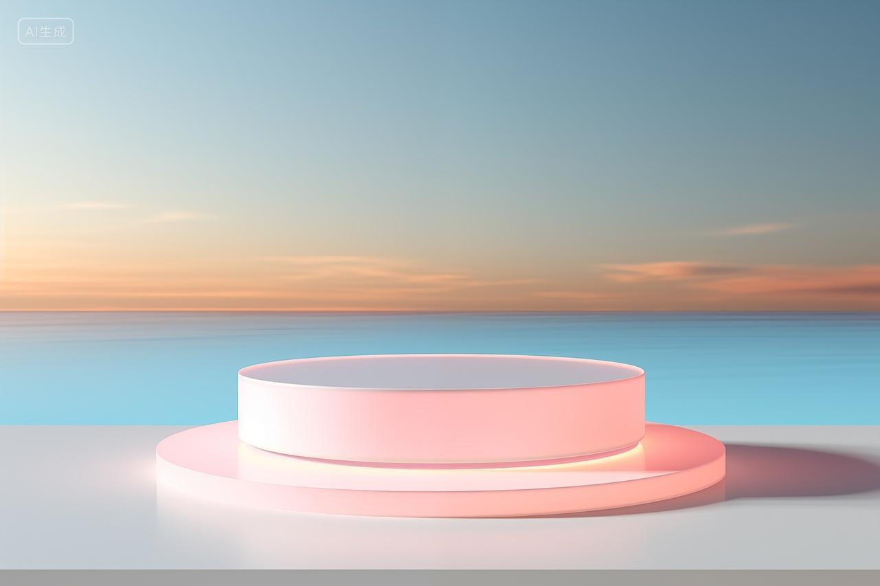 海边日落粉色圆形电商展台背景