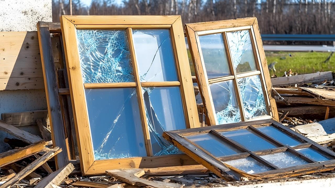瓦砾堆上破碎木窗
