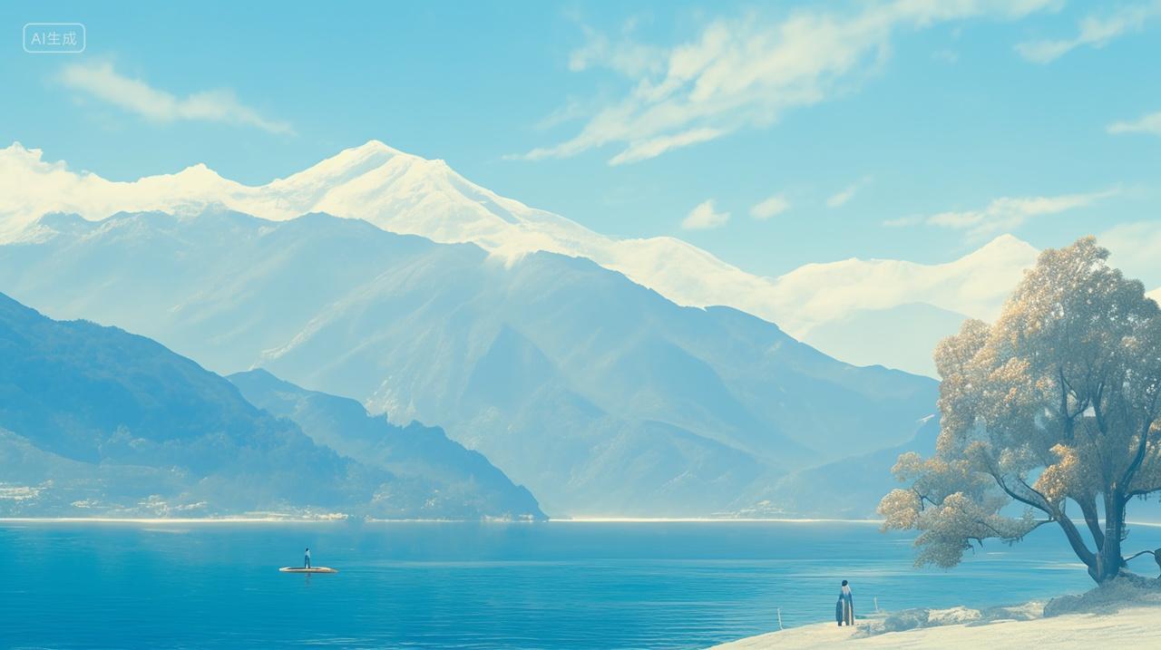 蓝天下清澈湖水远处雪山被阳光照亮自然风景背景渐变插画