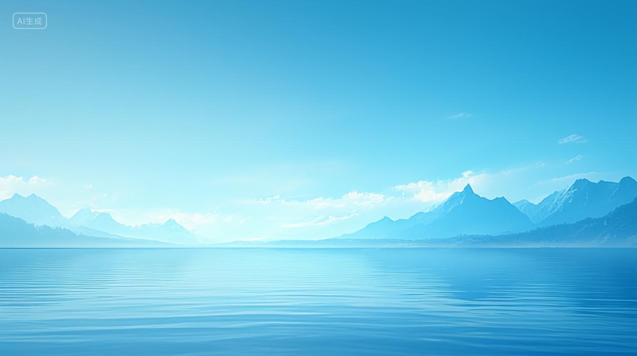 蓝天下清澈湖水远处雪山被阳光照亮自然风景背景渐变插画