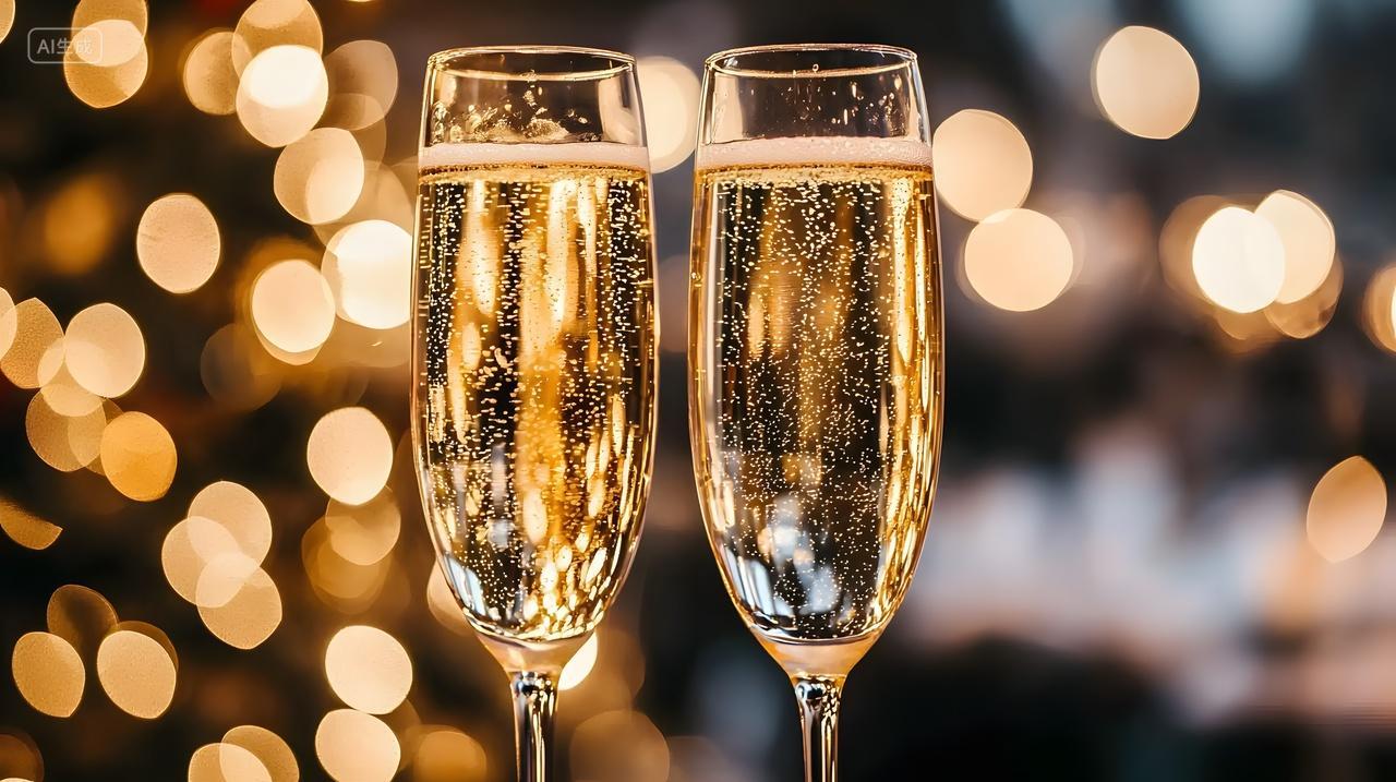两杯优雅香槟一起举杯元旦节新年