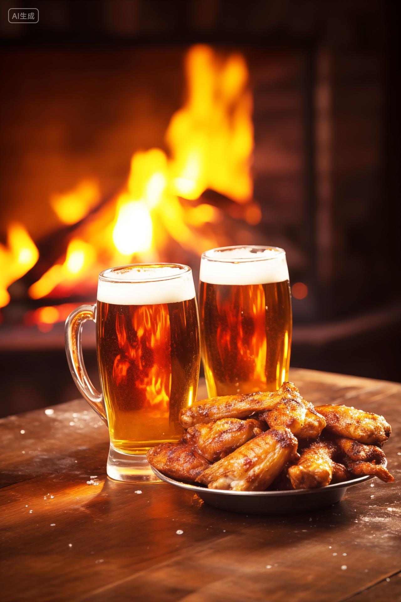 两杯啤酒烤鸡翅夜宵聚会美食
