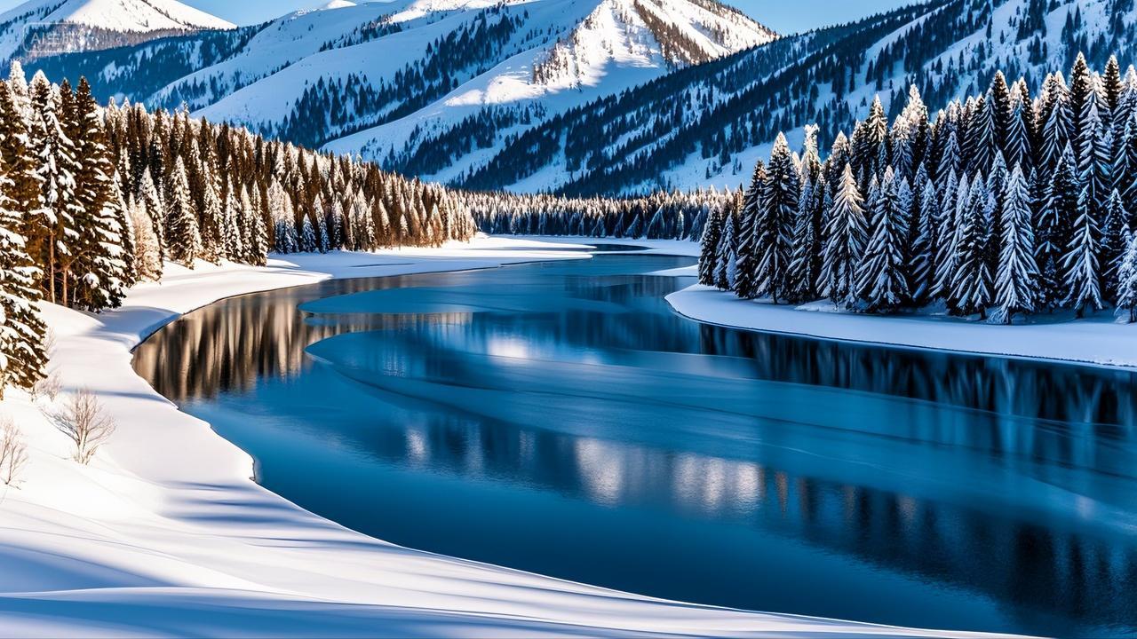 新疆喀纳斯月亮湾冬季风光自然风景壁纸旅游