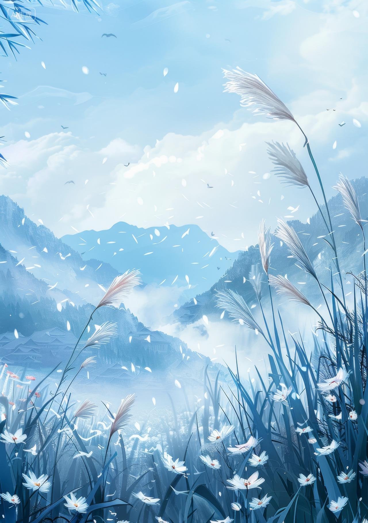 山谷中的狗尾草和高山风景寒露背景