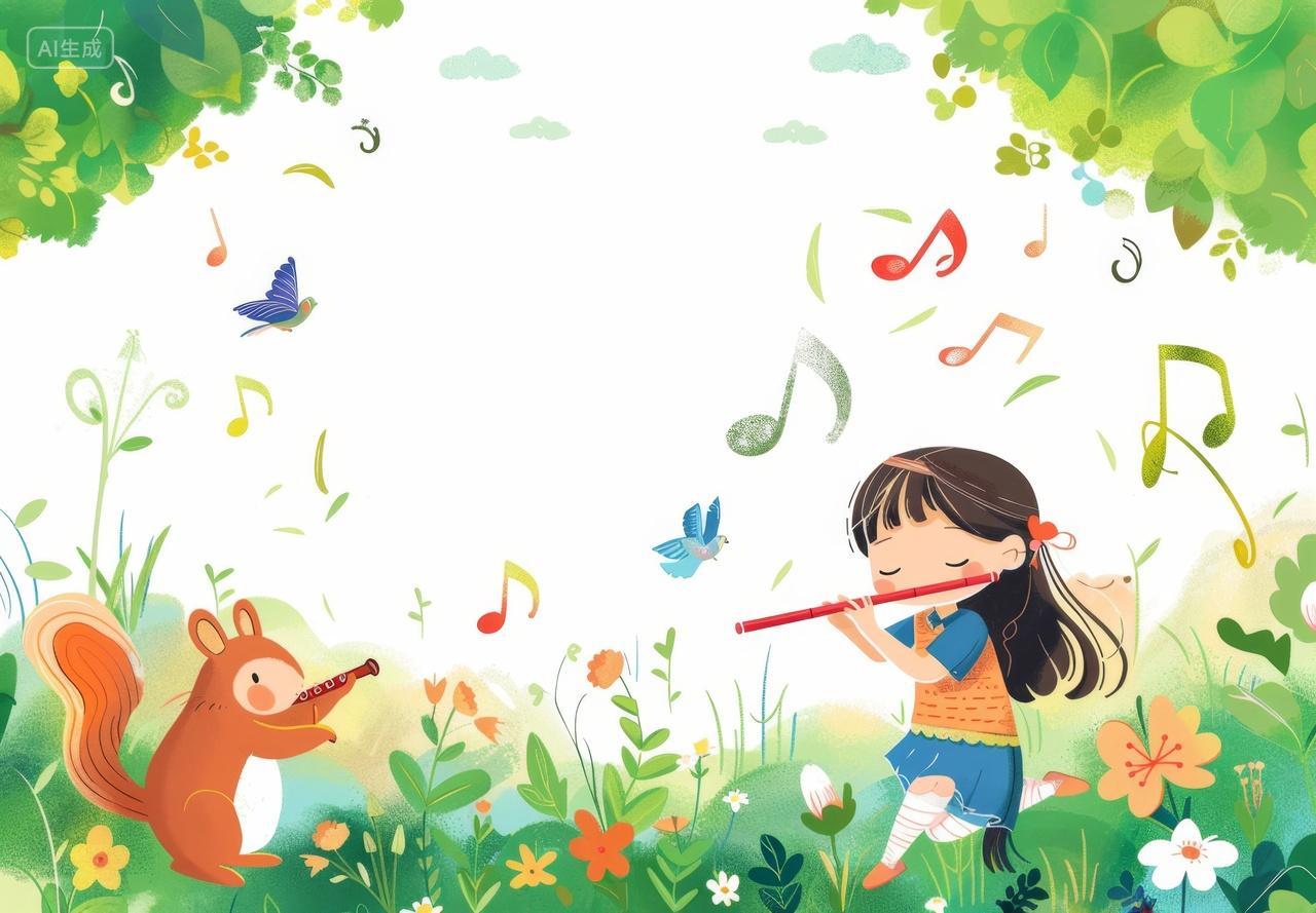 儿童卡通插画女孩在花丛中吹起美妙的笛子
