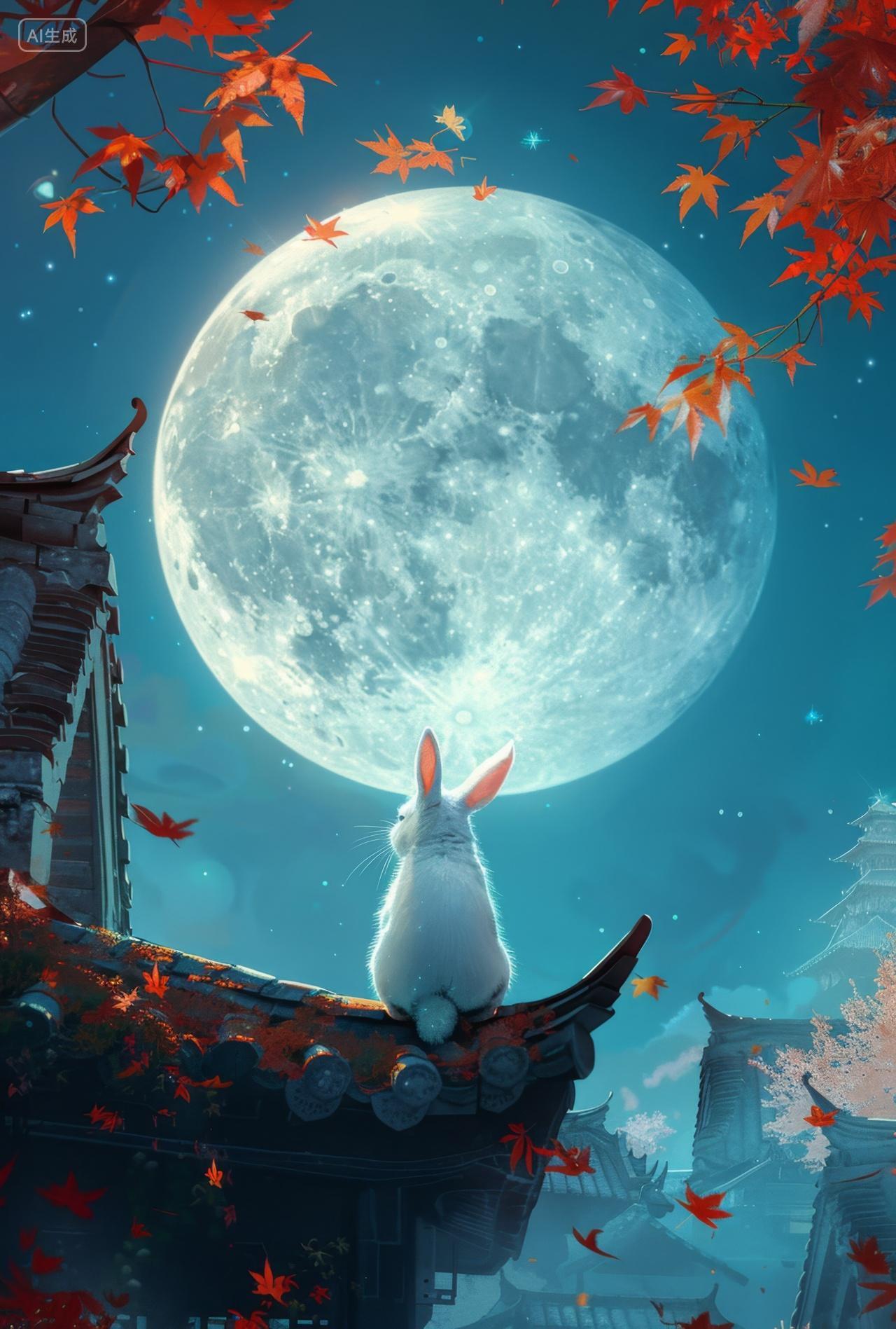 中秋节插画坐在屋顶看着月亮的兔子