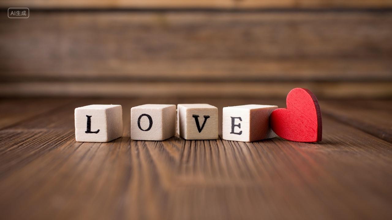 木块拼成的爱字与红色心形520七夕情人节