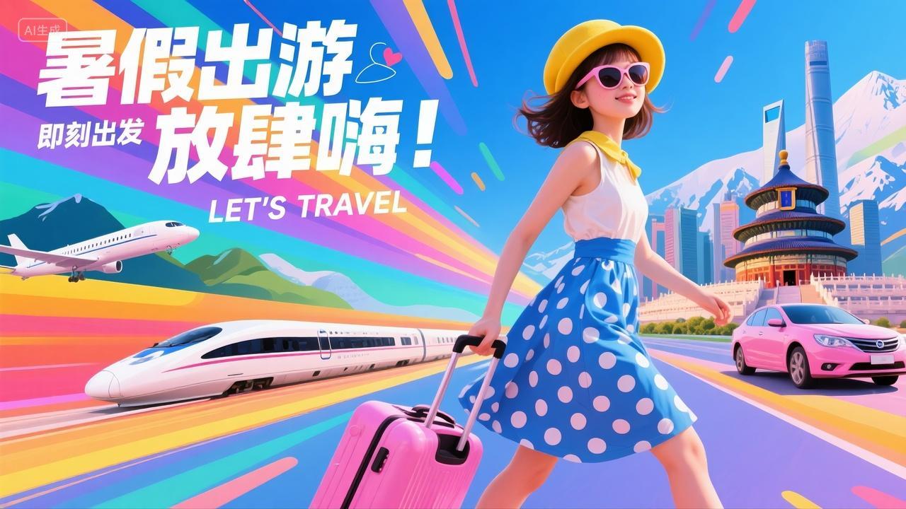 女孩暑期出游拉行李箱画面