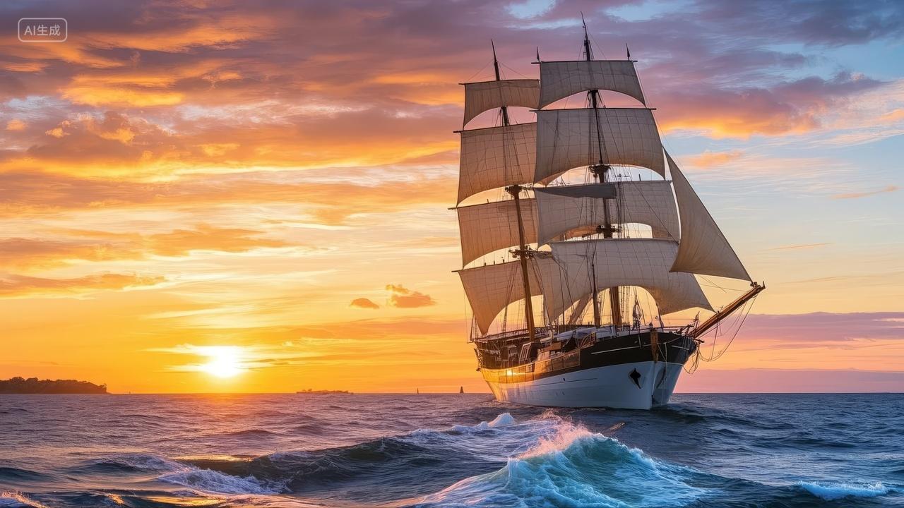 帆船航海日落黄昏海洋探索冒险精神背景