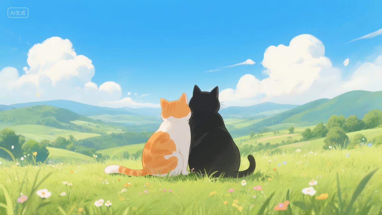 宠物猫咪情侣草地依偎治愈系动漫插画背景
