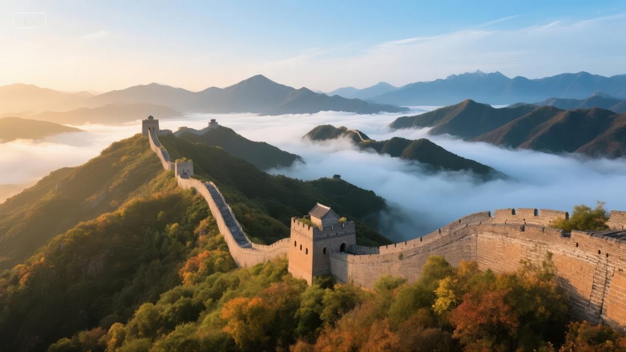 国庆节长城日出云海壮丽企业文化背景图