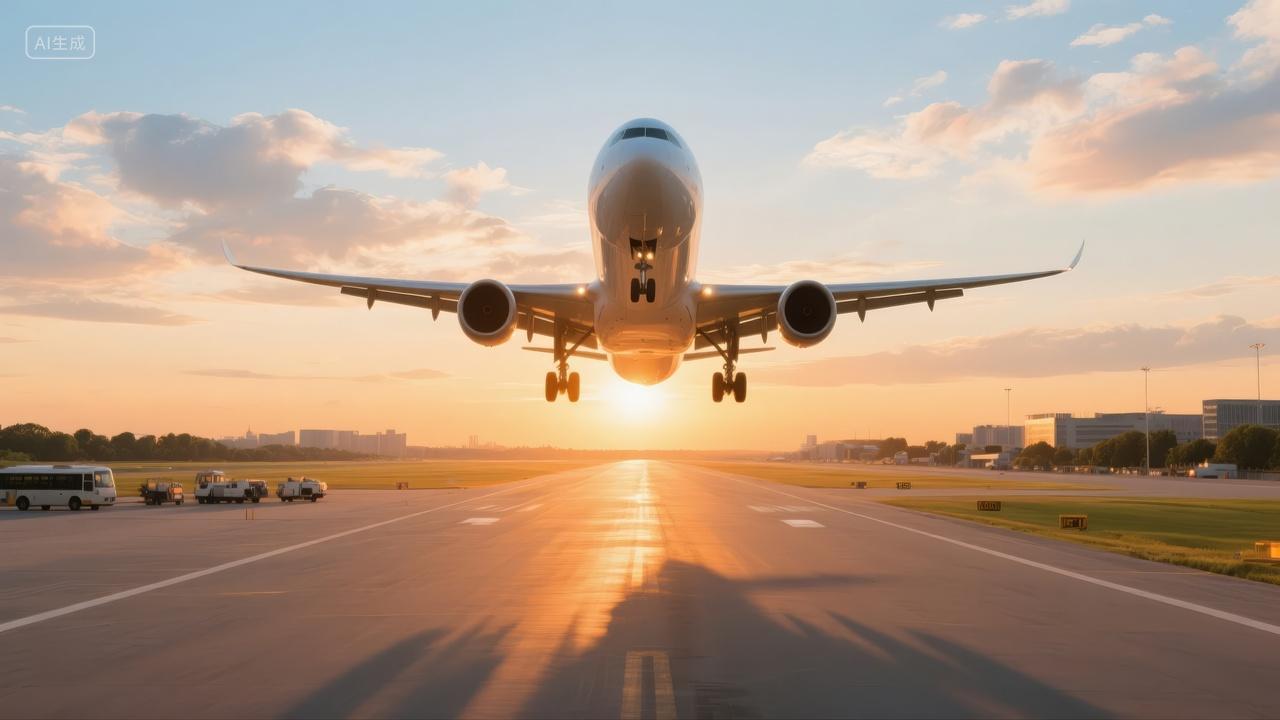 端午节飞机降落机场日落商务旅行背景图