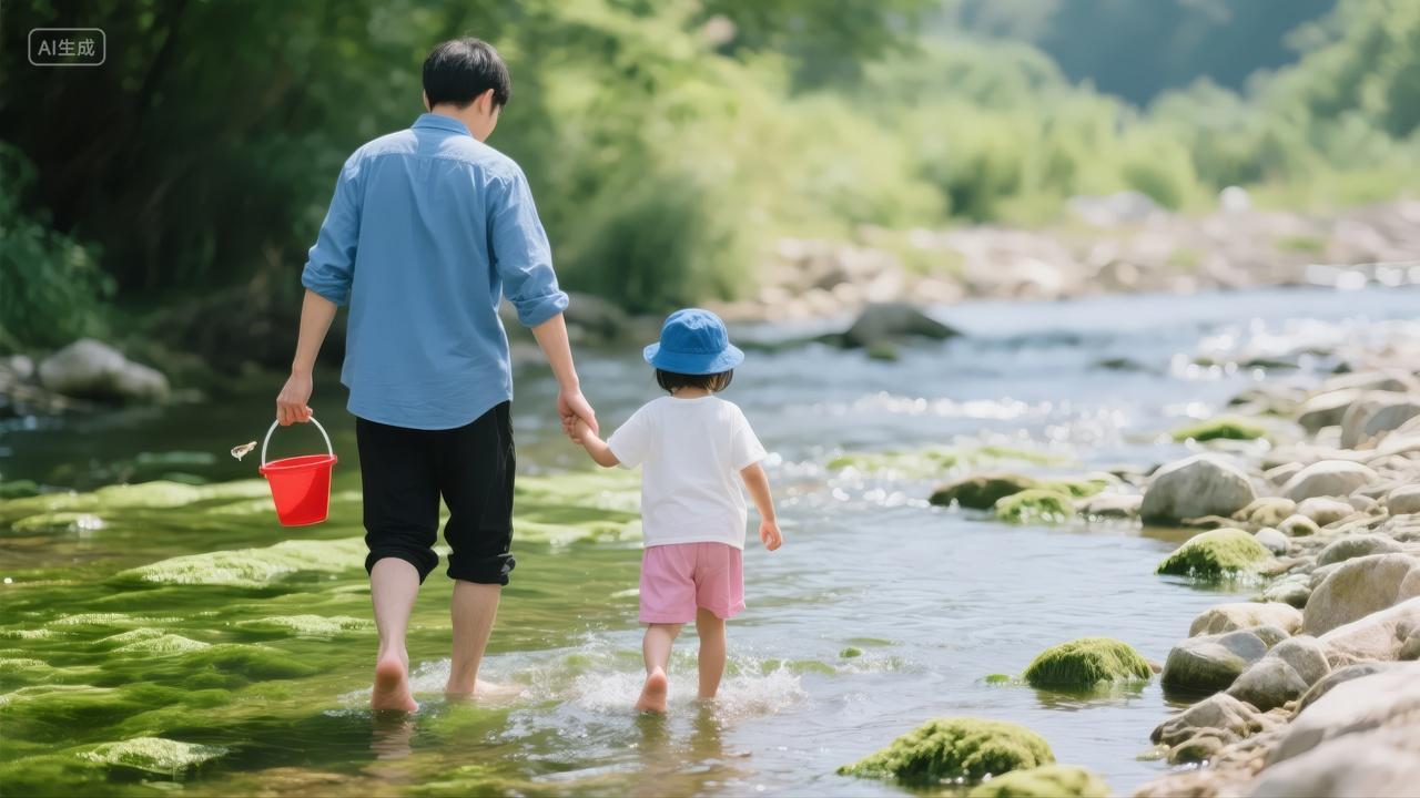 父亲节父子溪流玩水亲子时光夏日背景