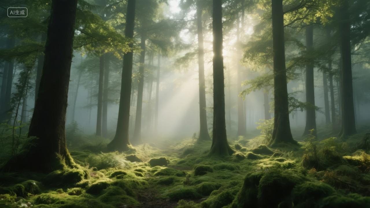 清晨森林阳光穿透树林治愈系自然背景图