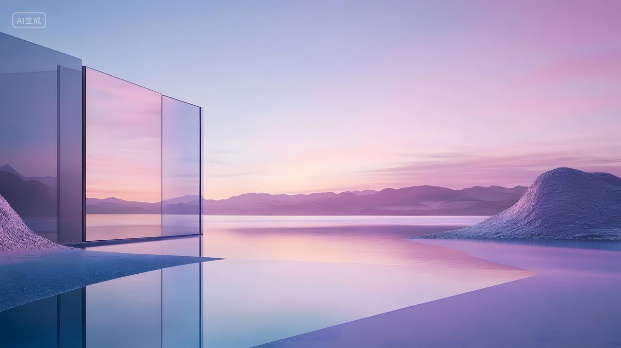 粉紫渐变天际下镜面建筑映水与远山