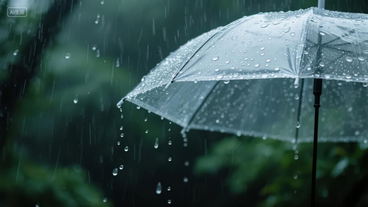 夏至节气雨中透明雨伞绿植清新自然背景