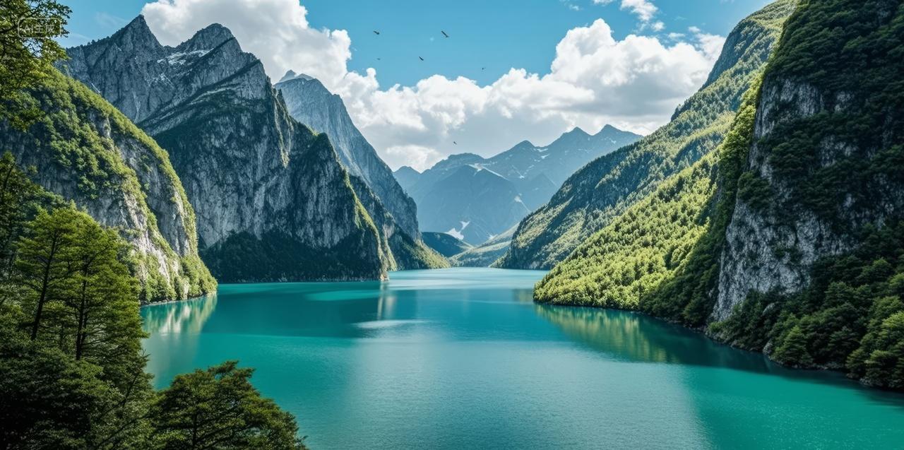 夏至节气峡湾瀑布青山绿水自然风光旅游背景