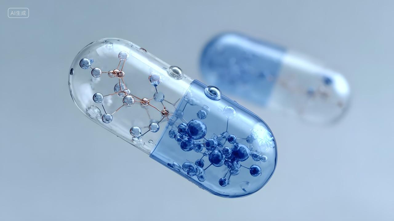 透明胶囊药物内含微粒展示医疗科技与生物制药概念图