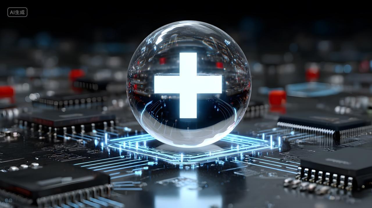 医疗图标嵌入芯片电路展示智慧医疗科技与数字健康概念图