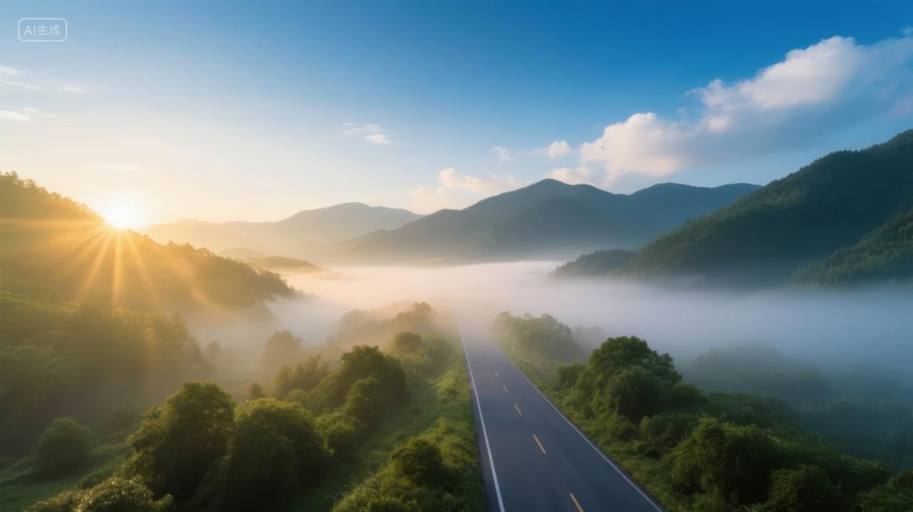 夏至节气清晨公路雾气森林日出希望背景图