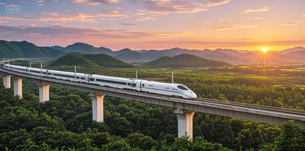 高铁穿行绿色山谷桥梁现代交通科技发展背景