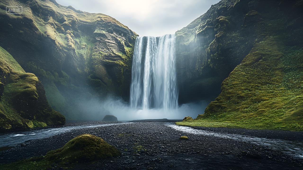 高山瀑布的壮丽景色流水雾气缭绕河流壁纸