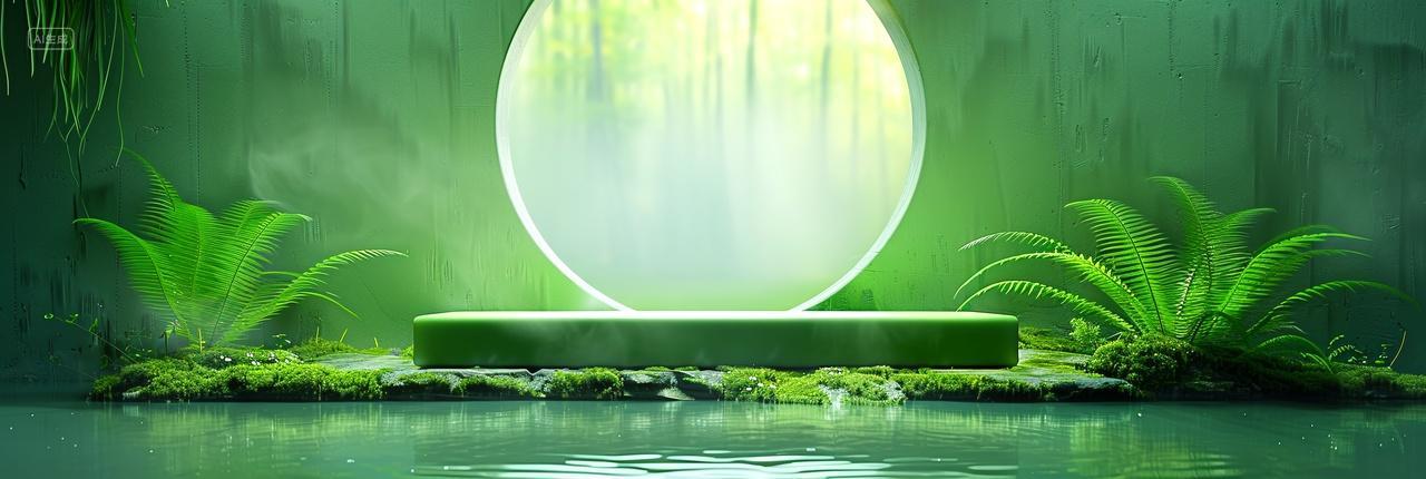 云雾缭绕水面上的绿植展示台