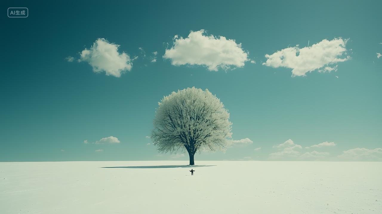 蓝天白云下雪景中一棵孤树