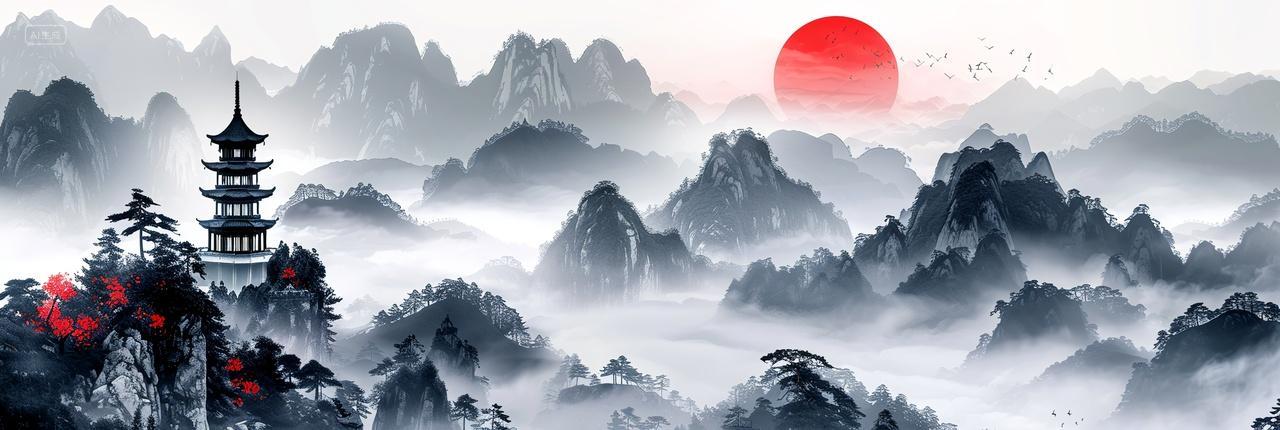 红日古塔水墨山林云雾间的静谧守望