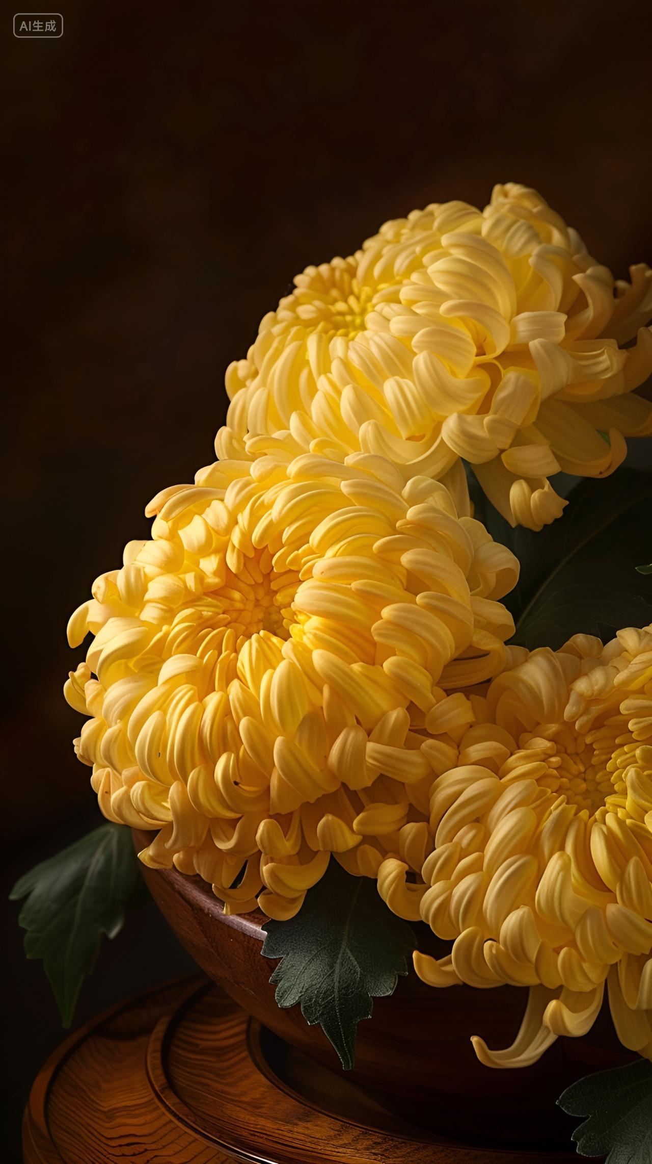 一朵色泽鲜艳花瓣卷曲的黄色菊花特