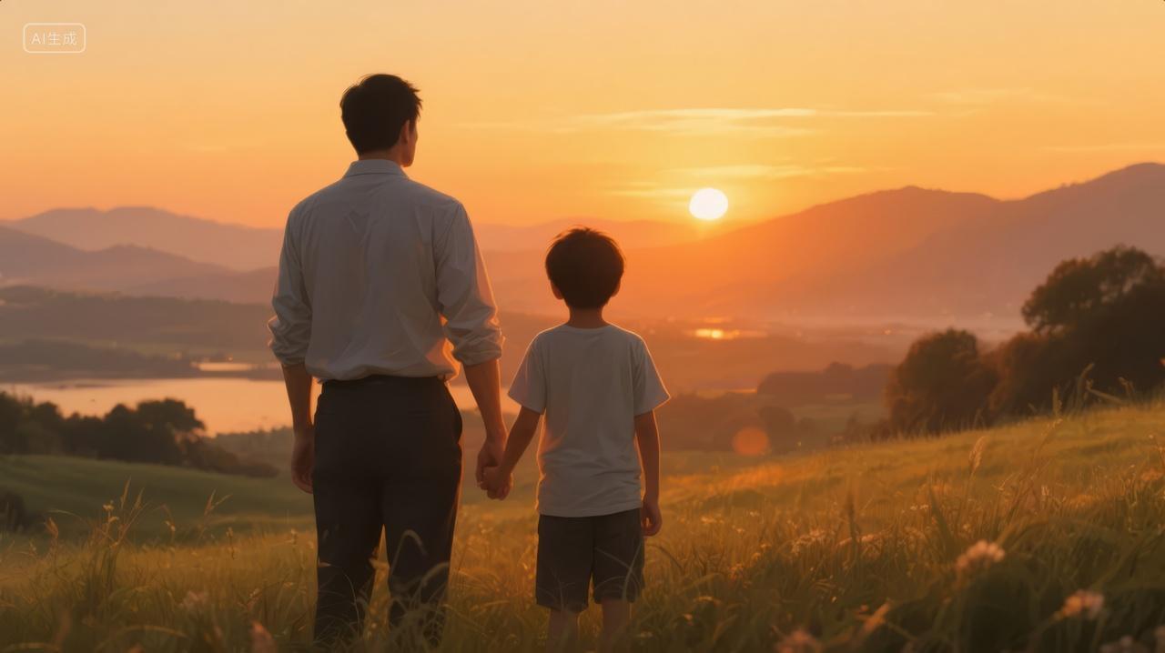 父子亲情日落剪影家庭教育传承概念背景