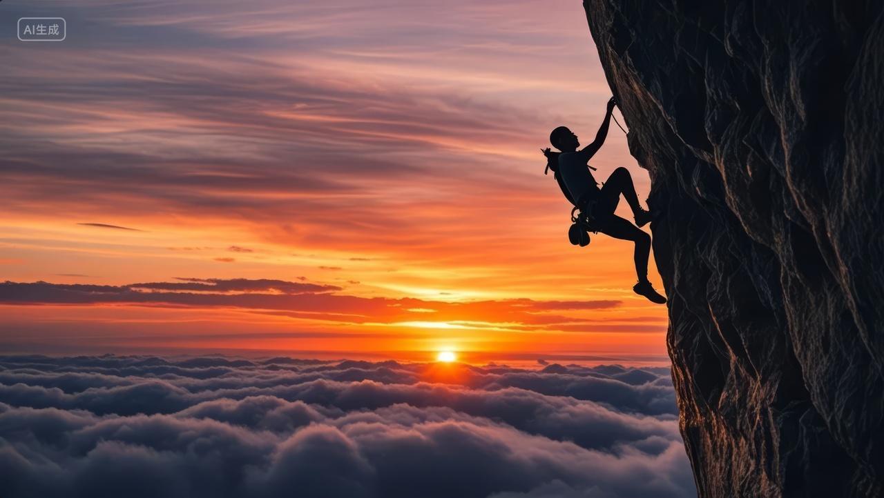 攀岩者挑战极限日落云海之上成功励志背景