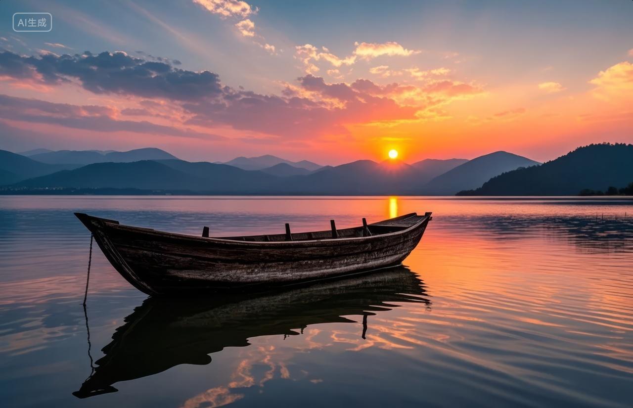 湖边小船日落剪影宁静治愈系风景背景