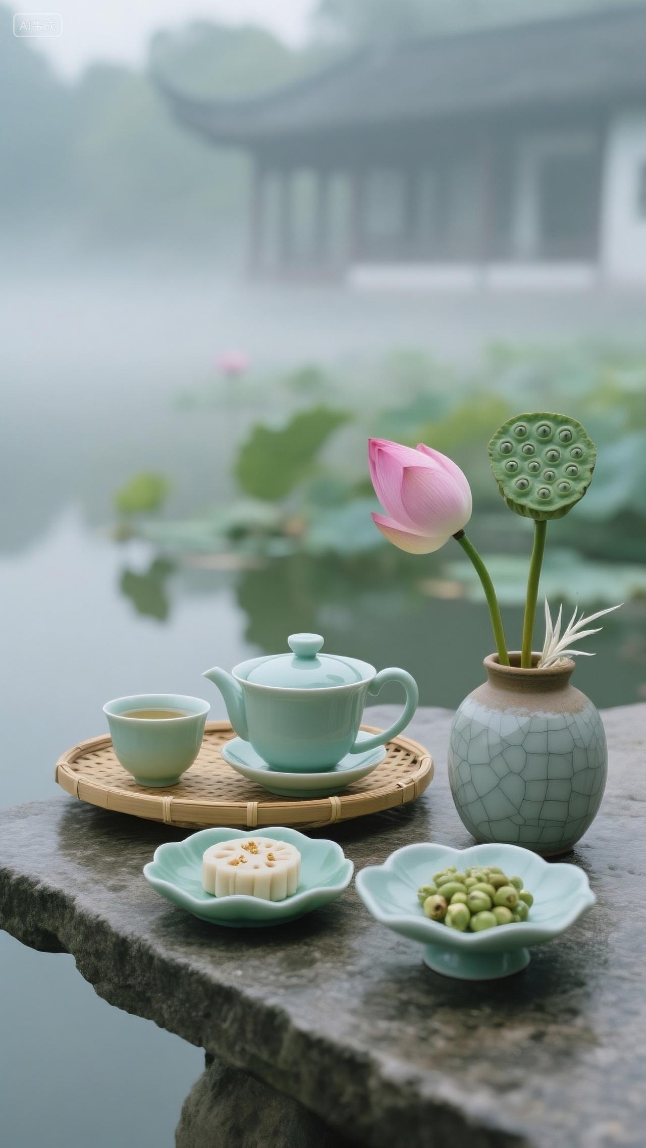 荷苞莲子点心茶点莲蓬绿色清新古风治愈