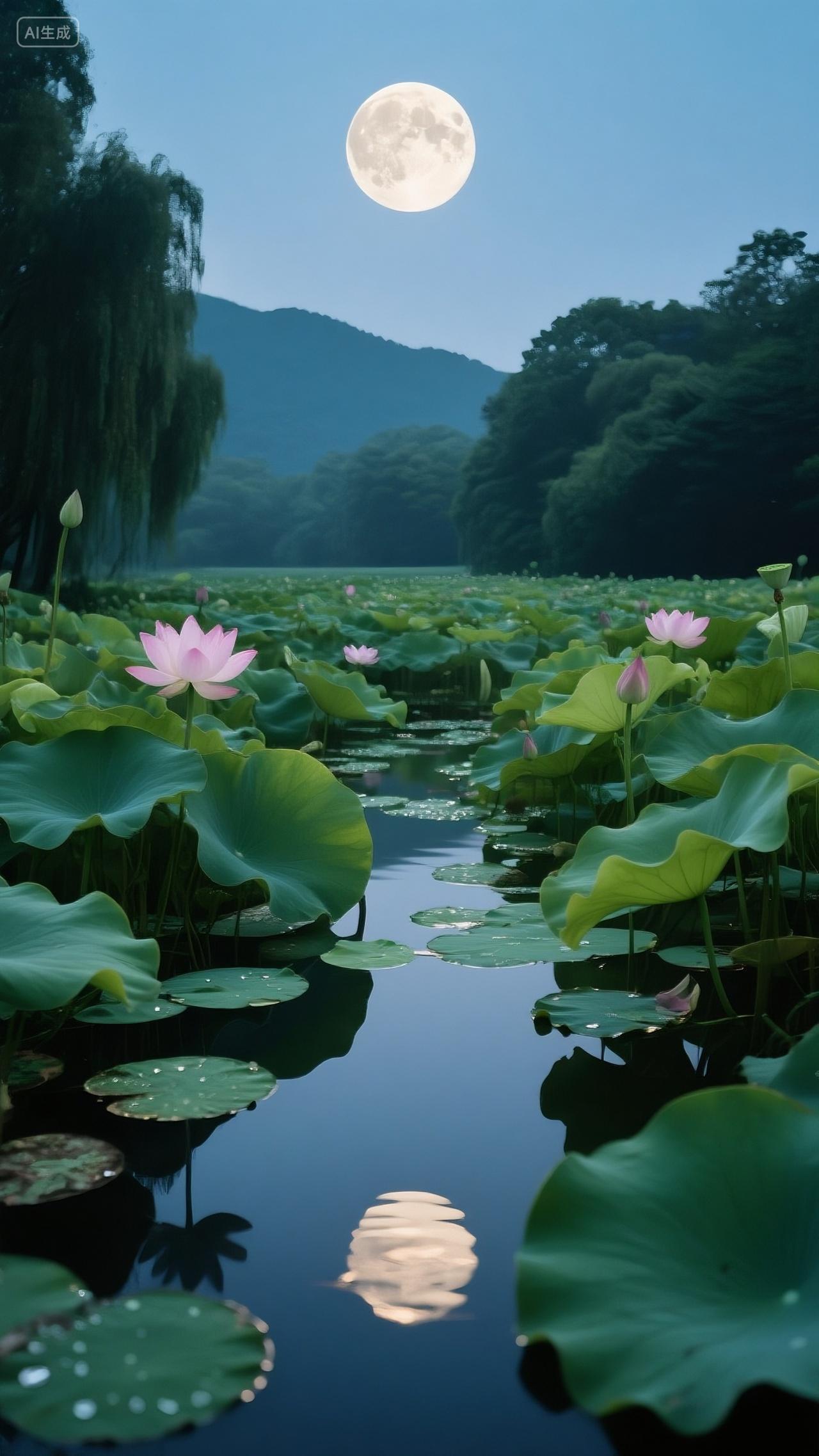 手机壁纸月亮荷塘月色