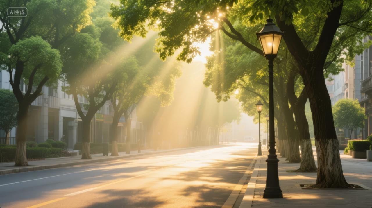 夏至节气城市街道阳光树影生活休闲背景图
