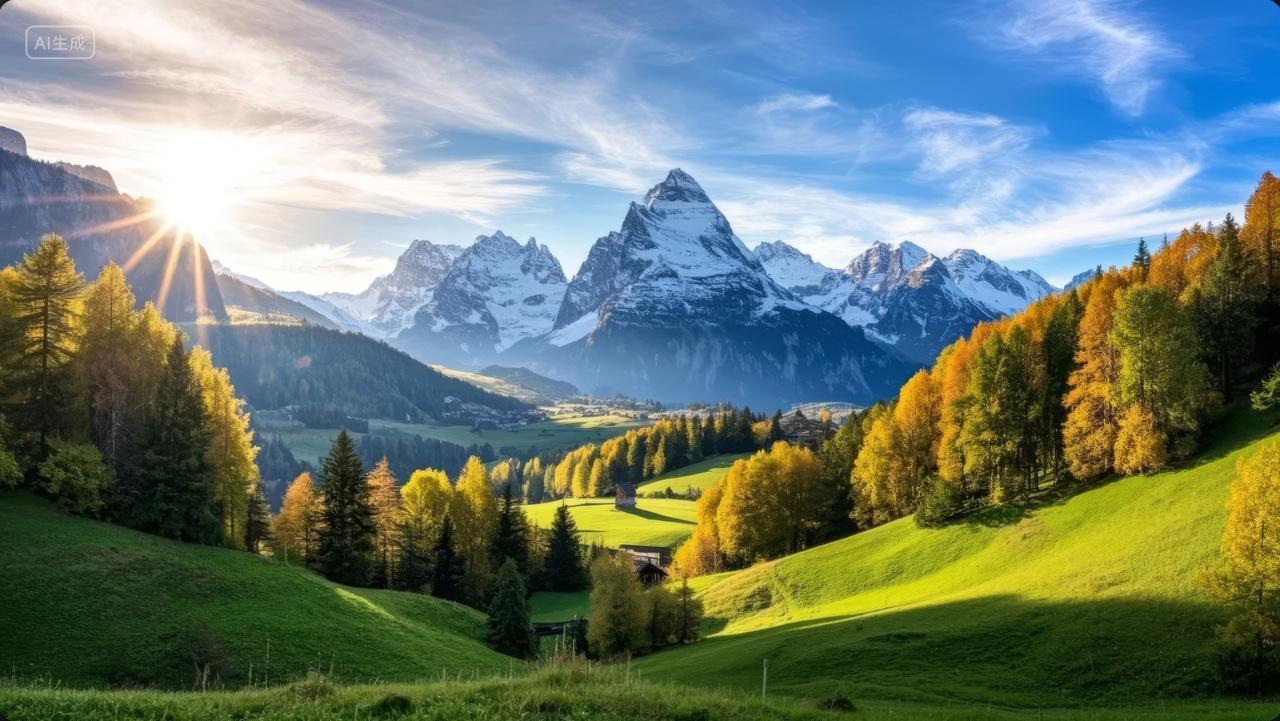 秋季瑞士阿尔卑斯山麓田园风光旅游度假背景